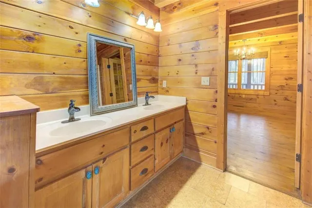 a bathroom with a double vanity sink a mirror and a shower