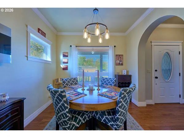 a view of a dining room with furniture