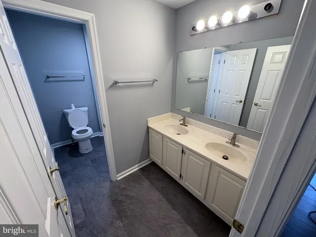 a bathroom with a sink a toilet a mirror and vanity