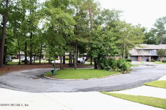 a view of a garden with a slide