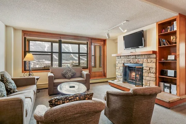a living room with furniture a fireplace and a flat screen tv