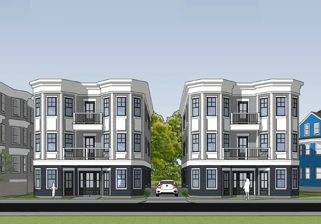 a front view of a building with windows