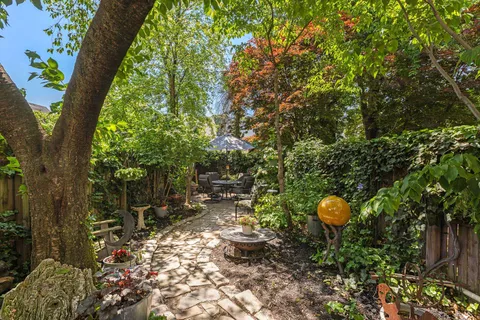 a view of a backyard with fountain plants and large trees