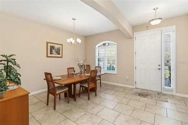a view of a dining room with furniture and window