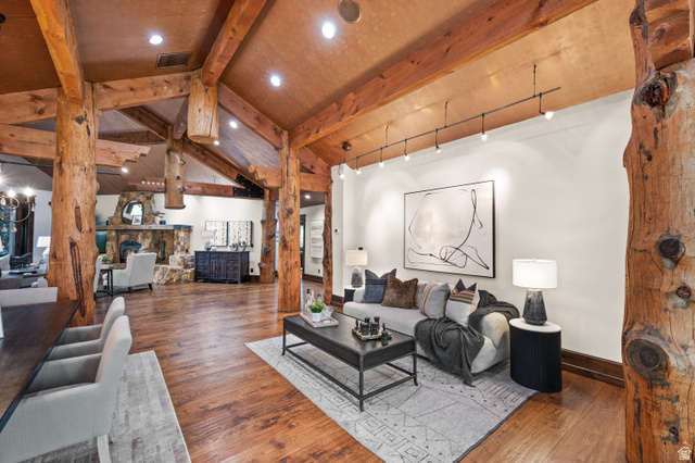 10280 Dimple Dell Road Sandy, UT 84092 - Photo 6 of 58 Living room with hardwood / wood-style floors, recessed lighting, and a fireplace
