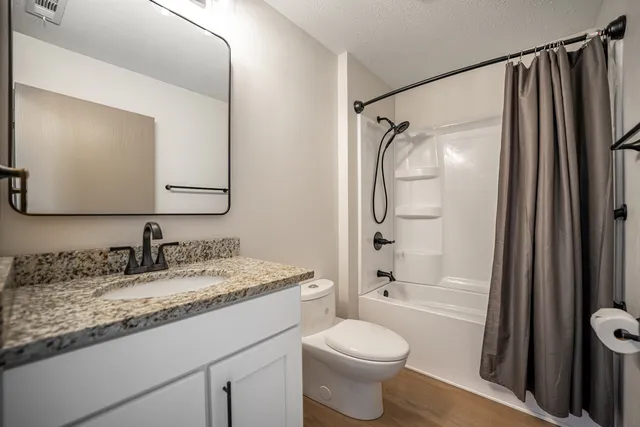 a bathroom with a granite countertop sink toilet mirror vanity and shower