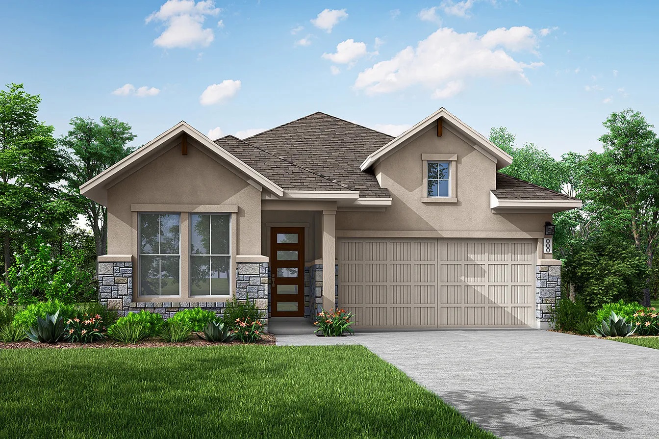 A welcoming front exterior with a classic stone facade and a practical garage.