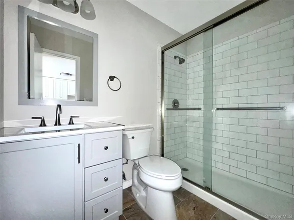 a bathroom with a toilet a sink a mirror a shower and vanity