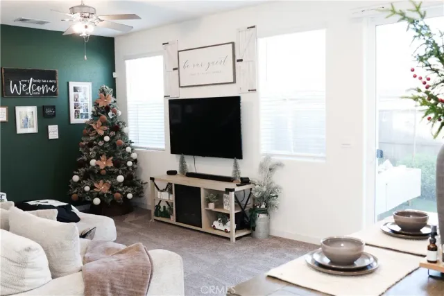 a living room with furniture a flat screen tv and a fireplace