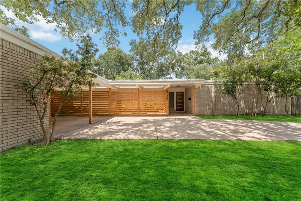 a view of back yard of the house with a large tree