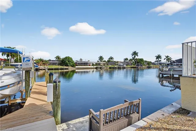 a view of a lake with boats and palm trees
