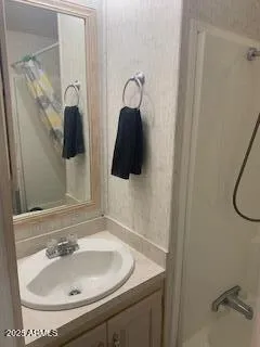 a bathroom with a sink and a mirror