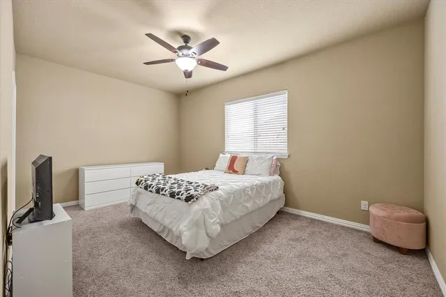 a bedroom with bed tv and window