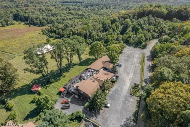 an aerial view of residential houses with outdoor space and trees all around