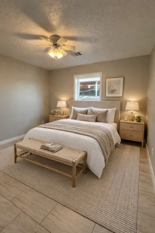 a bedroom with a large bed and a chandelier