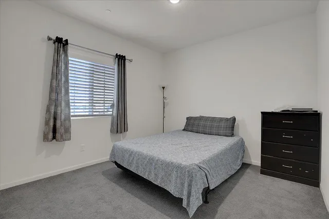 a bedroom with a bed and a closet