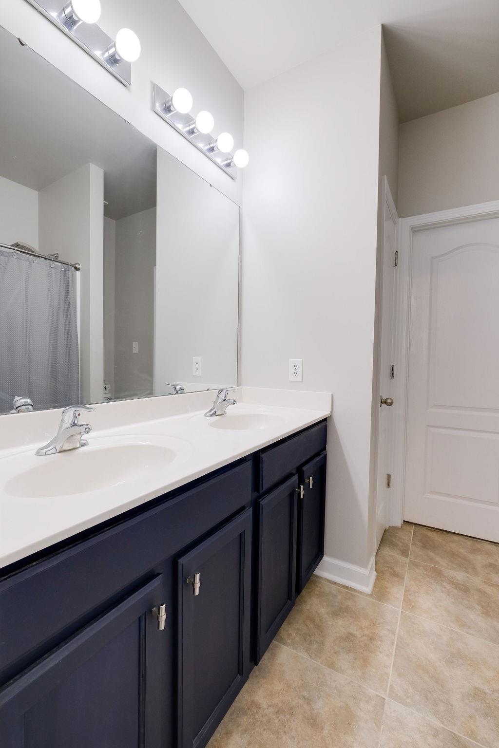 349 Sandy Spring Lane Clover, SC 29710 - Photo 12 of 28 a bathroom with double vanity sinks a vanity a lamp and a mirror