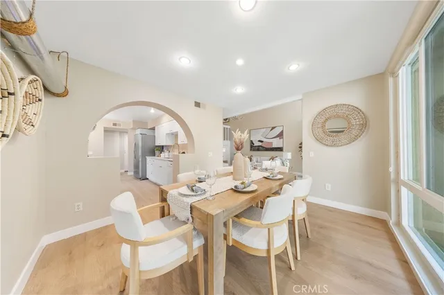 a view of a dining room with furniture