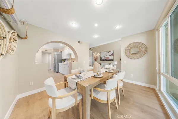 a view of a dining room with furniture