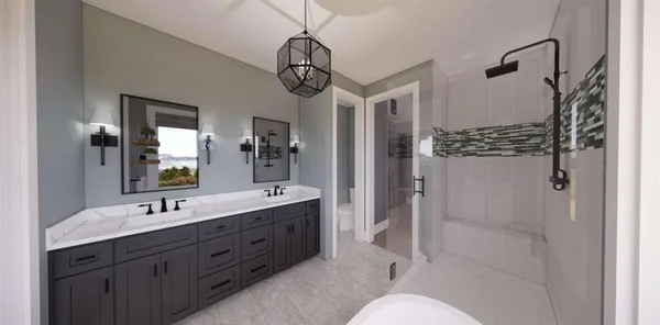 a bathroom with a double vanity sink a toilet a mirror and shower