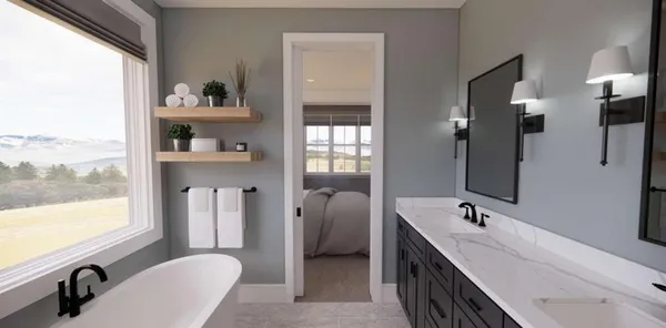 a bathroom with a double vanity sink a tub and a window