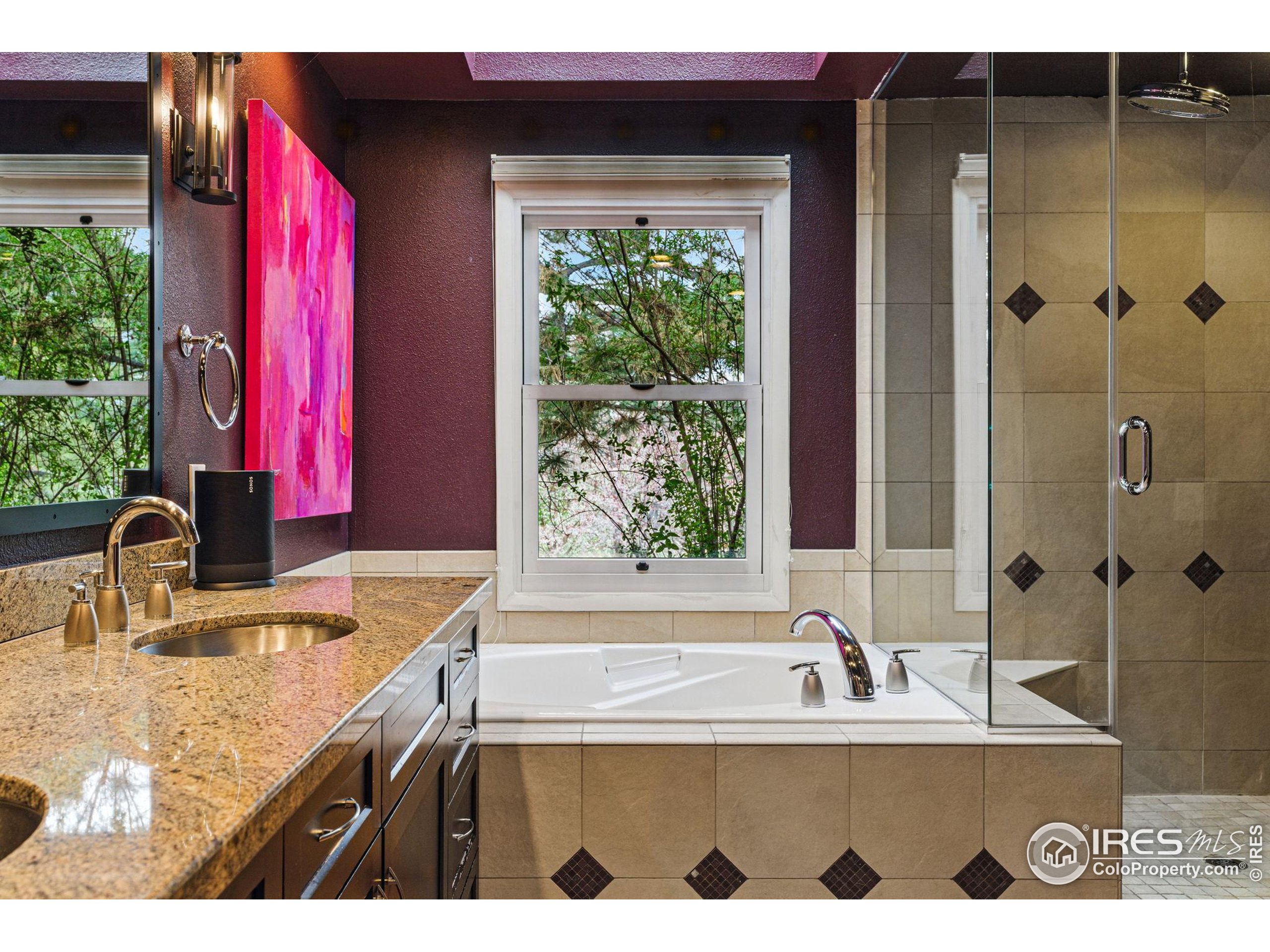 182 Ridge Road Boulder, CO 80303 - Photo 18 of 43 a bathroom with a granite countertop tub a sink and a large window