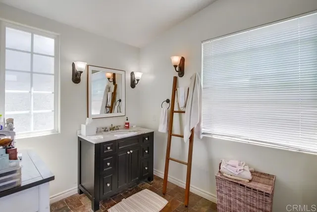 a bathroom with a sink a vanity and mirror