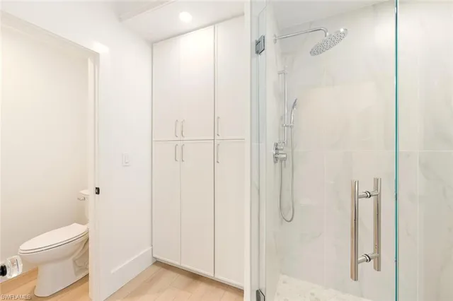 a bathroom with a shower and a toilet