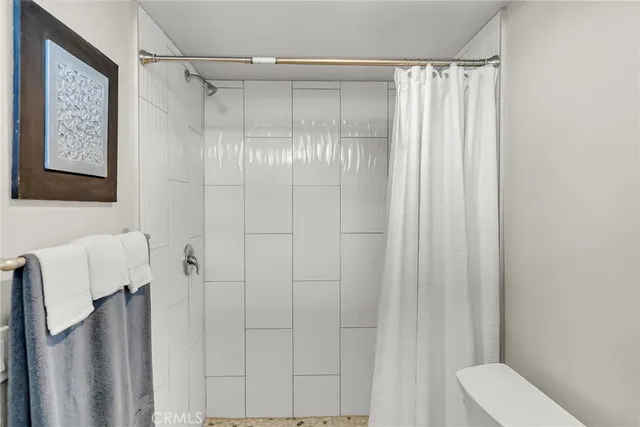 a bathroom with a shower and a toilet