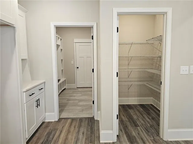 a large kitchen with cabinets