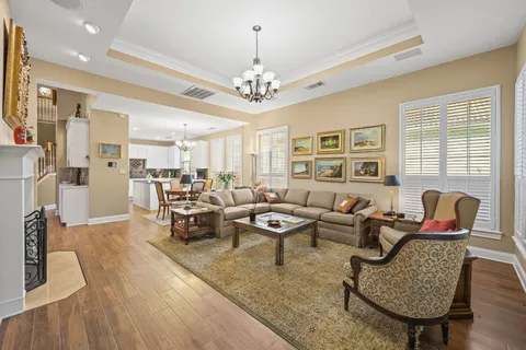a living room with furniture or chandelier and a fireplace
