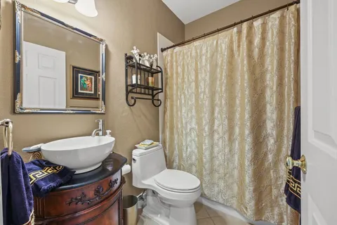 a bathroom with a sink a toilet a mirror and shower curtain