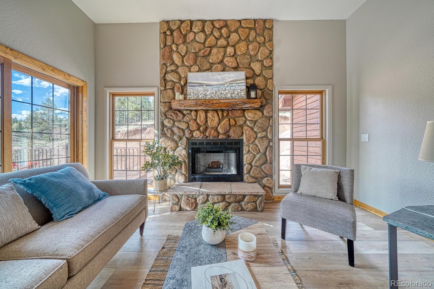 318 Southgate Road Florissant, CO 80816 - Photo 15 of 48 a living room with furniture and a fireplace