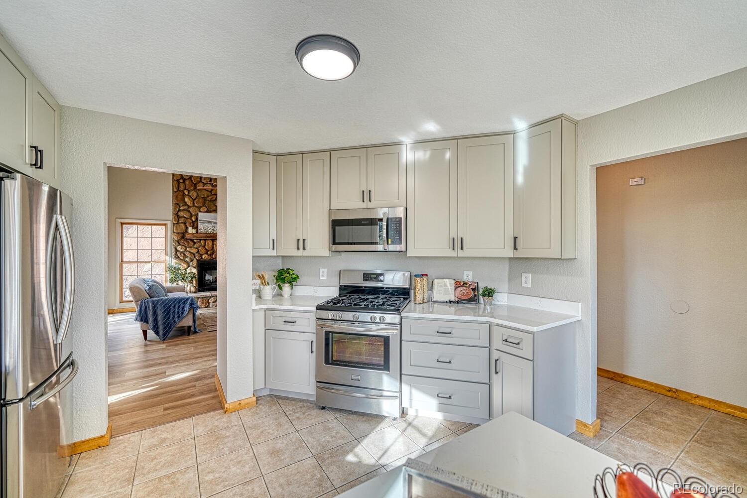 318 Southgate Road Florissant, CO 80816 - Photo 7 of 48 a kitchen with stainless steel appliances a stove a sink and a refrigerator