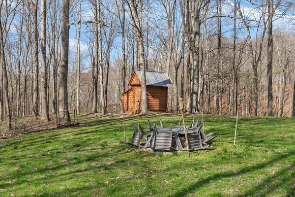 a view of a backyard with table and chairs and a large tree