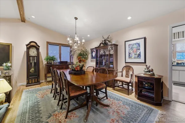 a view of a dining room with furniture
