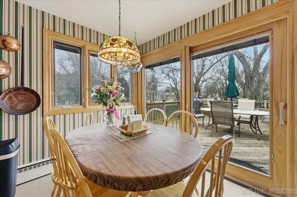 a view of a dining room with furniture window and outside view
