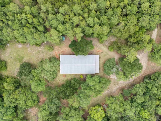 an aerial view of a house with a yard and trees all around