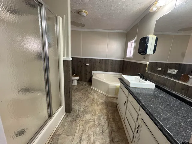 a bathroom with a granite countertop sink a mirror and shower