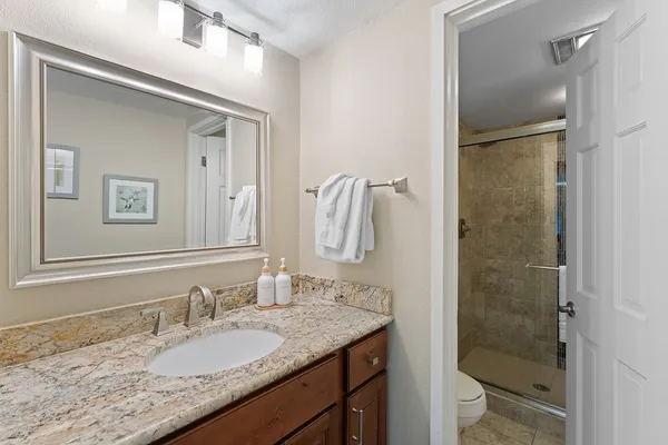 a bathroom with a granite countertop sink toilet and shower