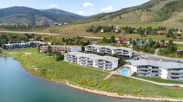 a view of a lake in middle of the town