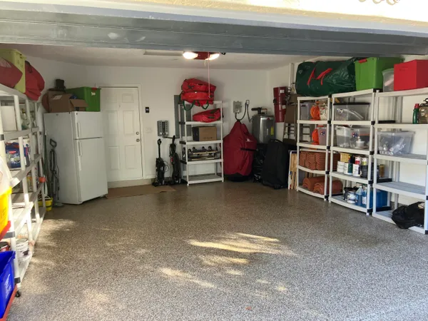 a view of a pathway with plants and large trees