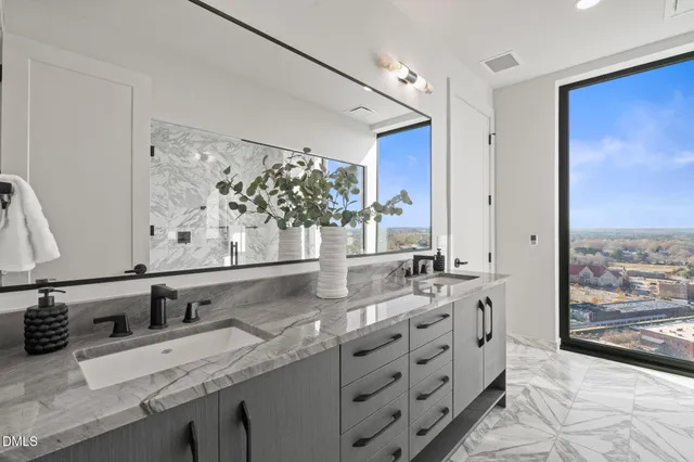 a city view with tall buildings