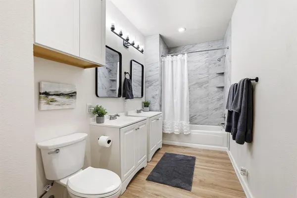 a bathroom with a sink a toilet a mirror a vanity and shower