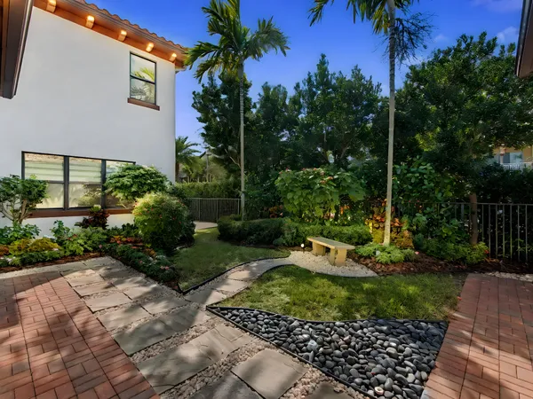 a view of a garden with plants and large trees