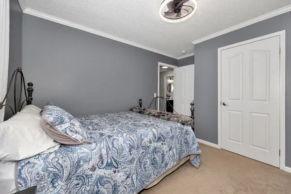 a bedroom with a bed and a chandelier