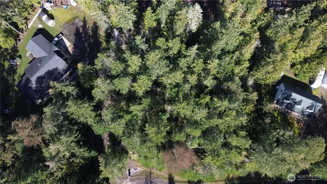 an aerial view of residential house with outdoor space and trees all around