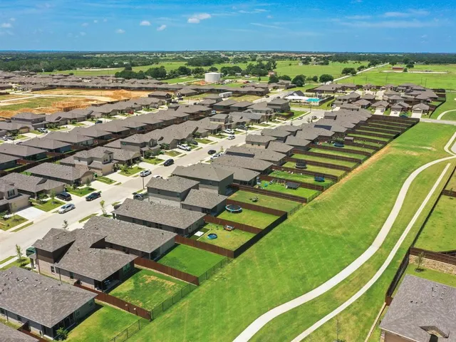 an aerial view of a pool
