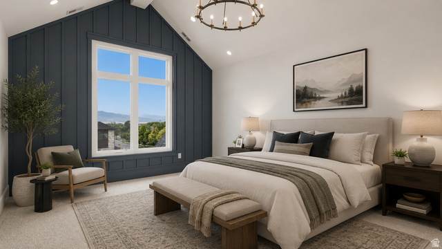 1682 North 1950 W Street, Unit 9 Provo, UT 84604 - Photo 83 of 84 Vaulted ceiling bedroom featuring a large picture window, board and batten accent wall, recessed lighting, and a prominent chandelier