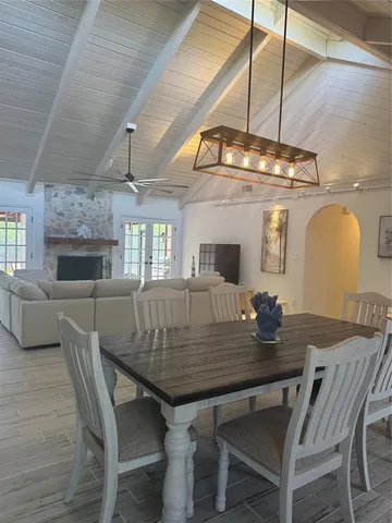 a view of a dining room with furniture